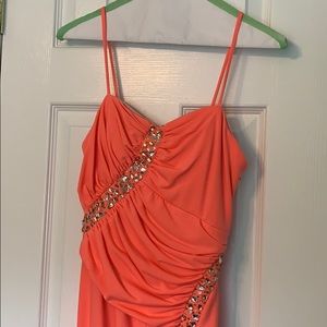 Coral, floor length prom dress